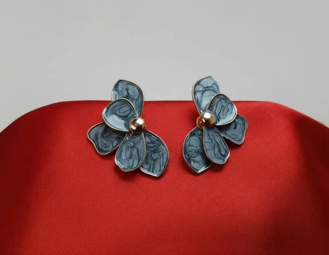 Golden Black Petal Floral Stud Earrings